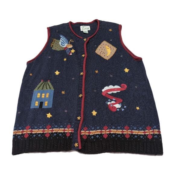 VTG Quacker Factory Ugly Christmas Sweater Vest Womens Plus Size 1X Navy Blue - Picture 1 of 13